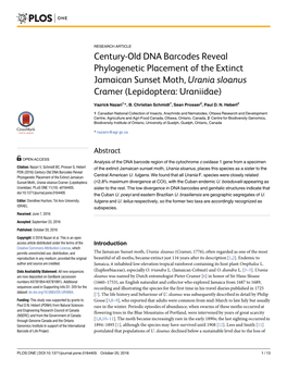 Century-Old DNA Barcodes Reveal Phylogenetic Placement of the Extinct Jamaican Sunset Moth, Urania Sloanus Cramer (Lepidoptera: Uraniidae)