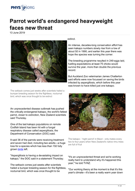 Parrot World's Endangered Heavyweight Faces New Threat 13 June 2019