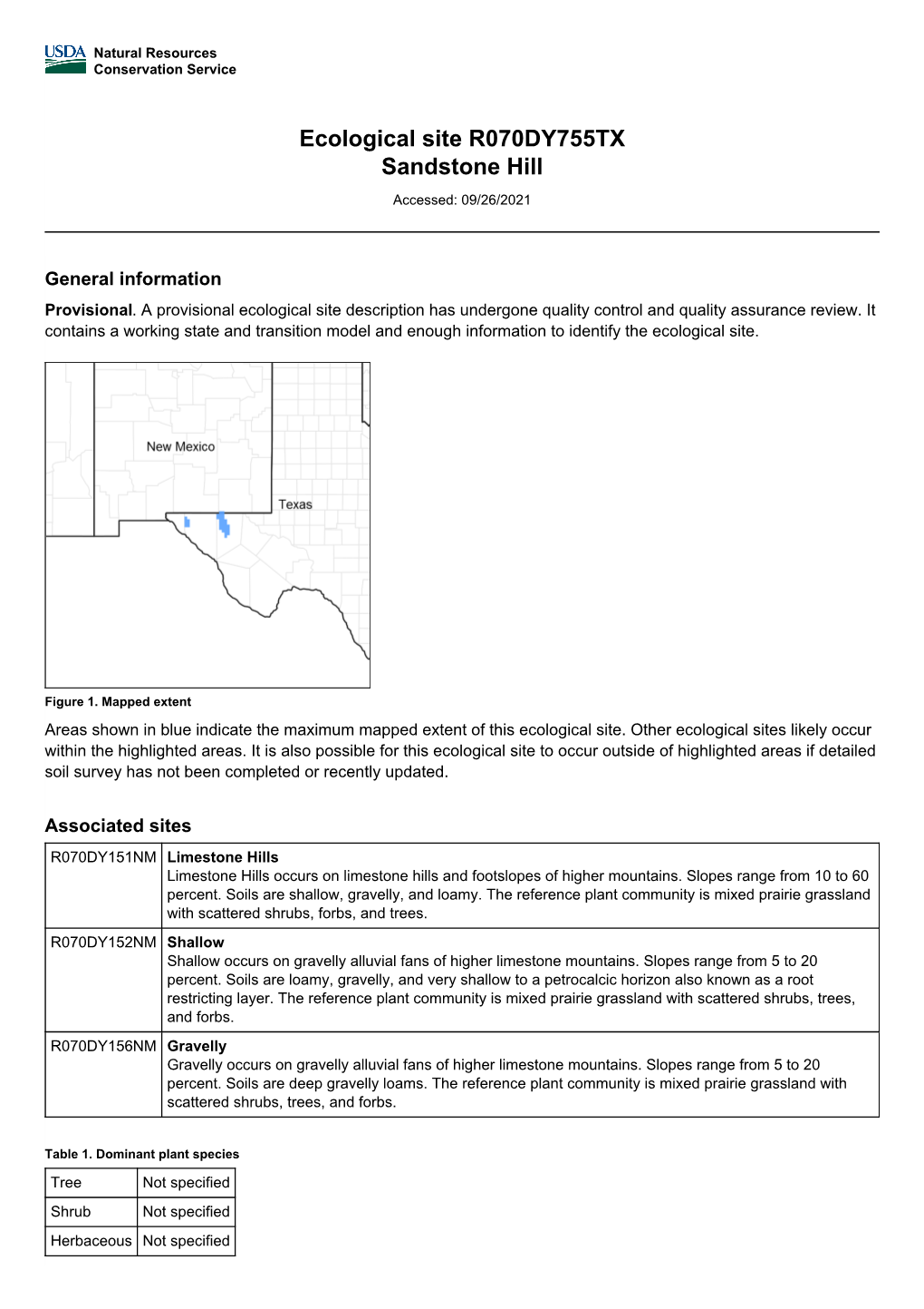 Ecological Site R070DY755TX Sandstone Hill