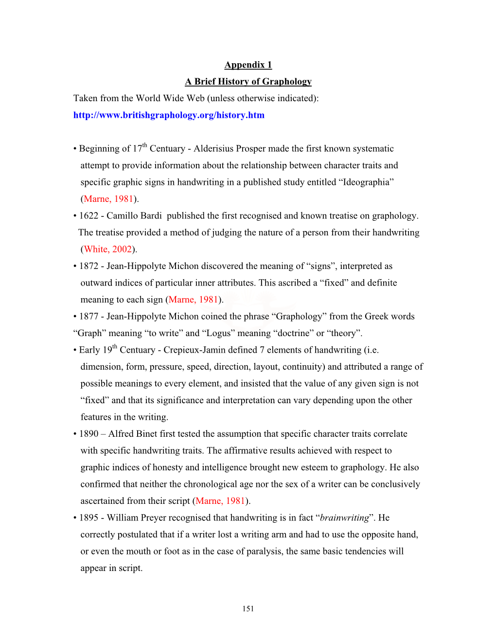 Appendix 1 a Brief History of Graphology Taken from the World Wide Web (Unless Otherwise Indicated)