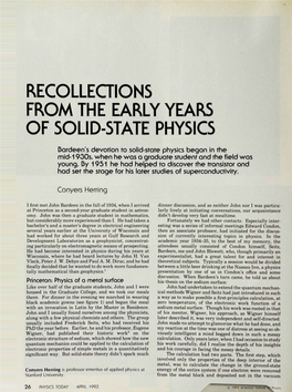 Recollections from the Early Years of Solid‐State Physics