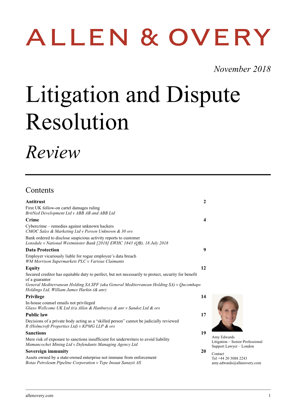November 2018 Litigation and Dispute Resolution Review