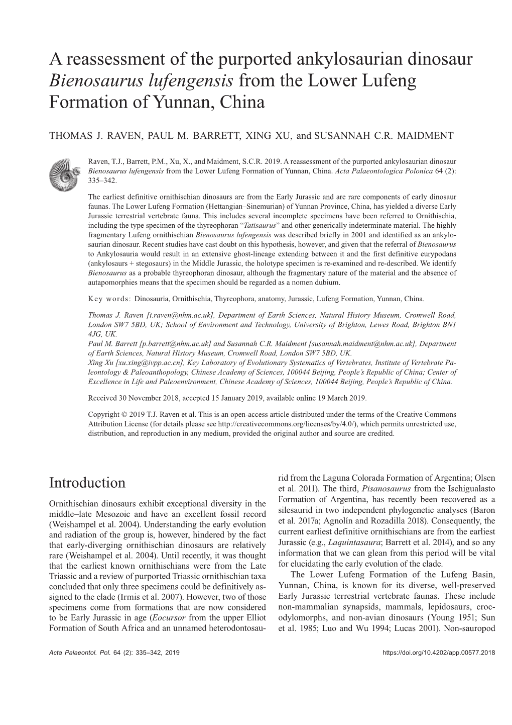 A Reassessment of the Purported Ankylosaurian Dinosaur Bienosaurus Lufengensis from the Lower Lufeng Formation of Yunnan, China