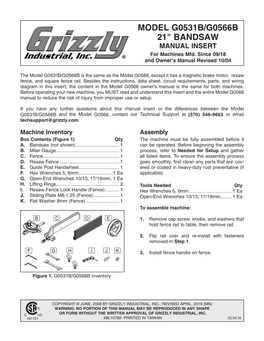 MODEL G0531B/G0566B 21" BANDSAW MANUAL INSERT for Machines Mfd