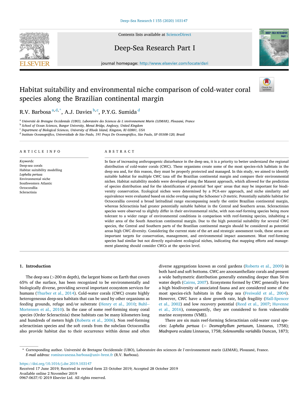 Habitat Suitability and Environmental Niche Comparison of Cold-Water Coral Species Along the Brazilian Continental Margin