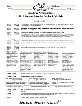 Broadway Artists Alliance 2016 Summer Intensive Session 1 Schedule