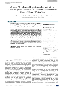 Growth, Mortality and Exploitation Rates of African Moonfish (Selene Dorsalis, Gill 1863) Encountered in the Coast of Ghana (West Africa)