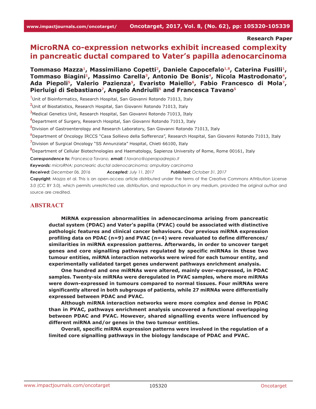 Microrna Co-Expression Networks Exhibit Increased Complexity in Pancreatic Ductal Compared to Vater’S Papilla Adenocarcinoma