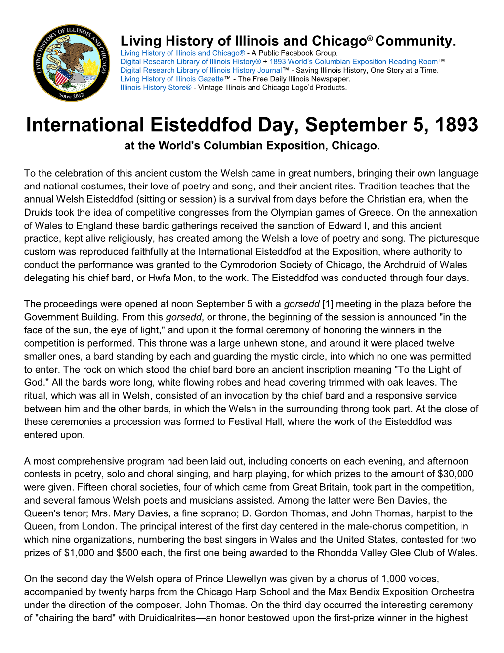 International Eisteddfod Day, September 5, 1893 at the World's Columbian Exposition, Chicago