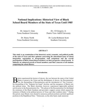 National Implications: Historical View of Black School Board Members of the State of Texas Until 1985