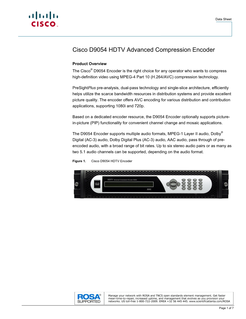 Data Sheet, Cisco D9054 HDTV Advanced Compression Encoder