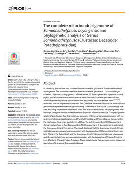 Somanniathelphusa Boyangensis and Phylogenetic Analysis of Genus Somanniathelphusa (Crustacea: Decapoda: Parathelphusidae)