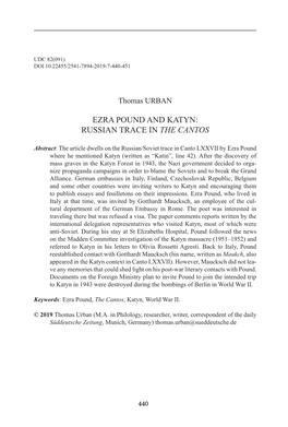 Thomas Urban. Ezra Pound and Katyn: a Russian Trace in the Cantos