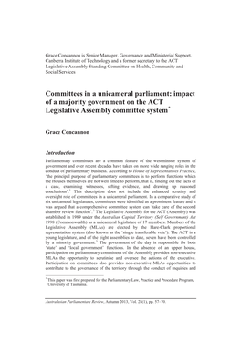 Committees in a Unicameral Parliament: Impact of a Majority Government on the ACT Legislative Assembly Committee System *