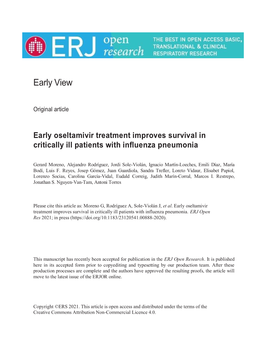 Early Oseltamivir Treatment Improves Survival in Critically Ill Patients with Influenza Pneumonia