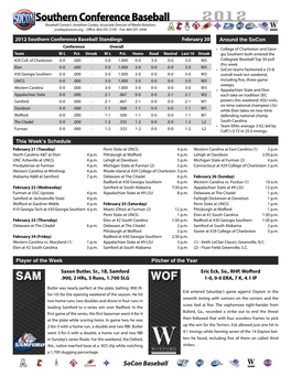 Socon Baseball Preseason Teams/Polls Southern Conference News & Notes