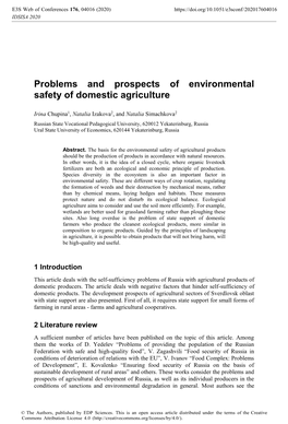 Problems and Prospects of Environmental Safety of Domestic Agriculture