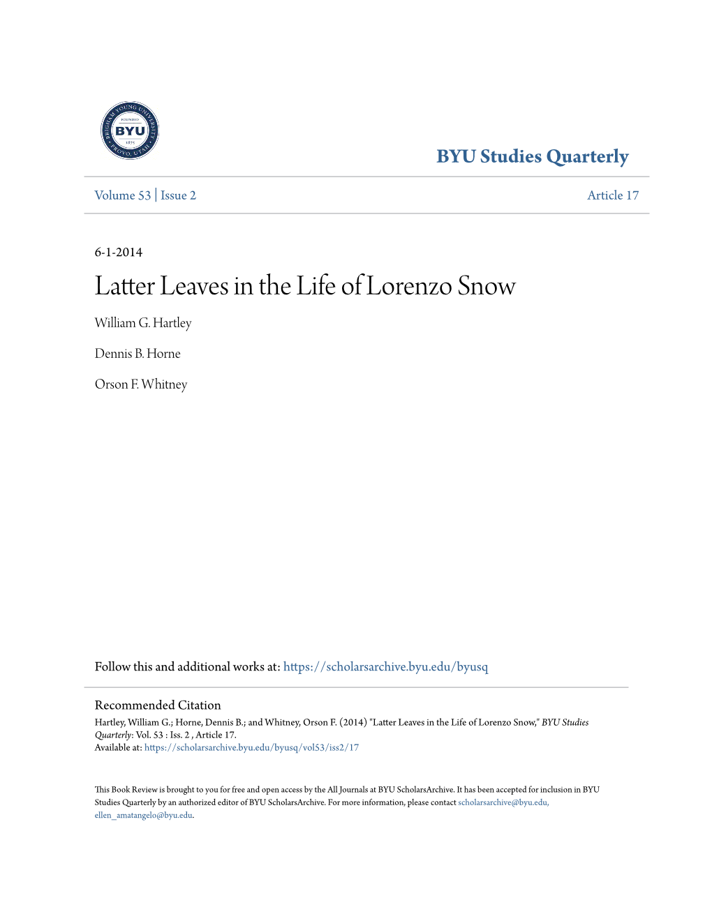 Latter Leaves in the Life of Lorenzo Snow William G