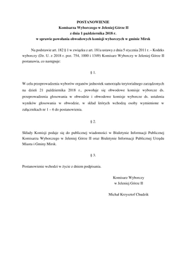 POSTANOWIENIE Komisarza Wyborczego W Jeleniej Górze II Z Dnia 1 Pa Ździernika 2018 R