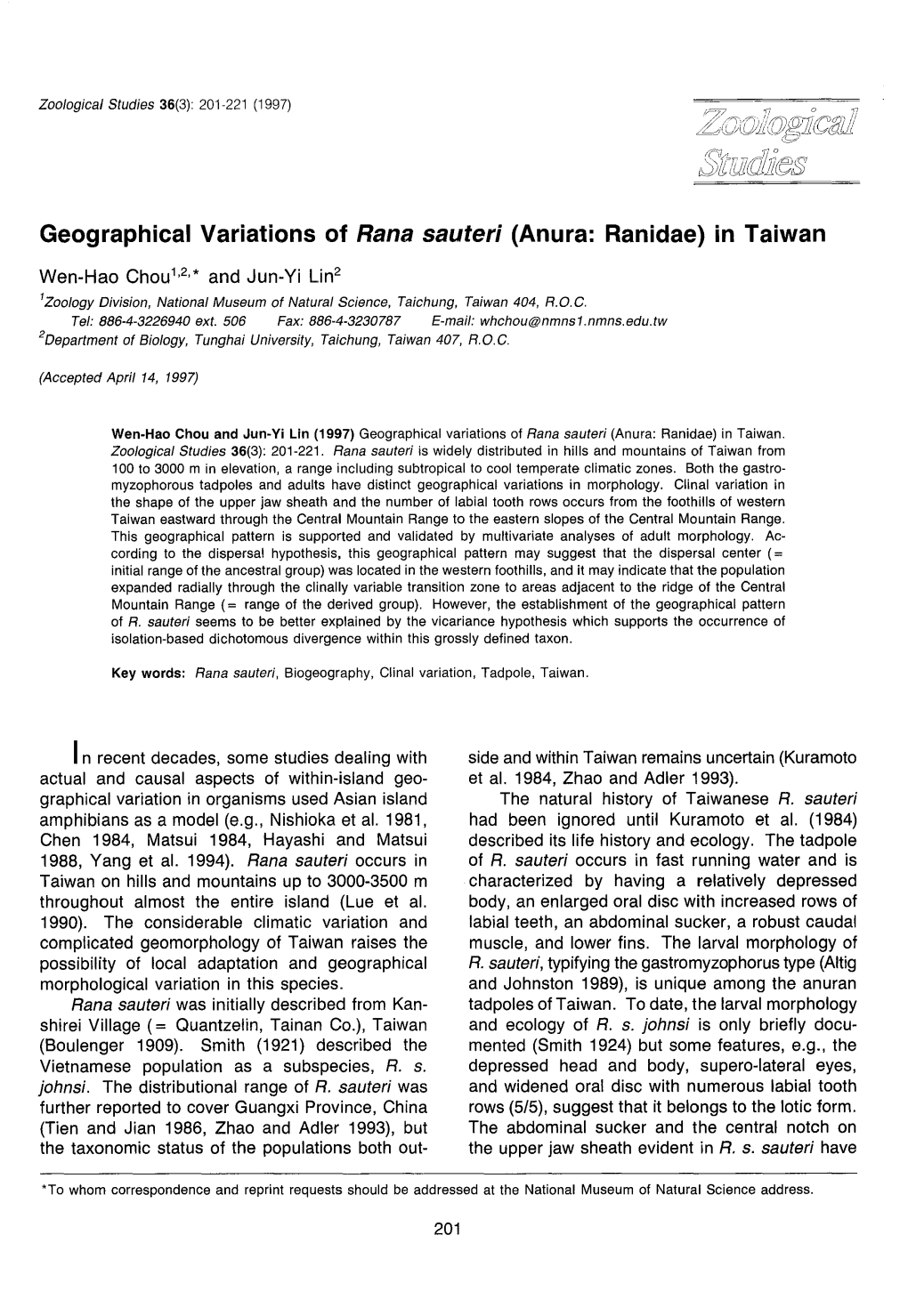 Geographical Variations of Rana Seuterl (Anura: Ranidae) in Taiwan