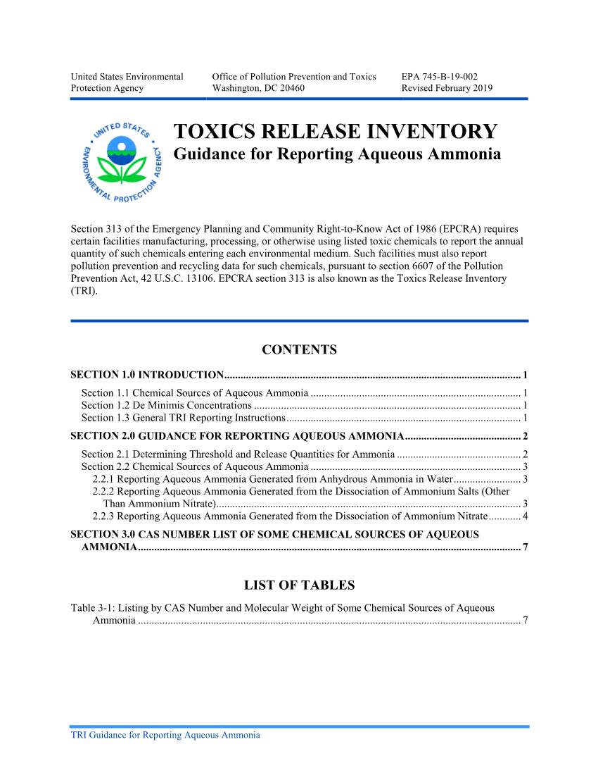 TOXICS RELEASE INVENTORY Guidance for Reporting Aqueous Ammonia