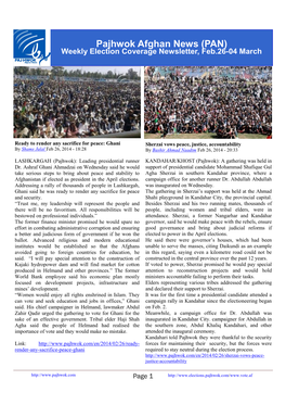 Pajhwok Afghan News (PAN) Weekly Election Coverage Newsletter, Feb.26-04 March
