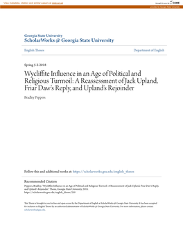A Reassessment of Jack Upland, Friar Daw's Reply, and Upland's Rejoinder Bradley Peppers