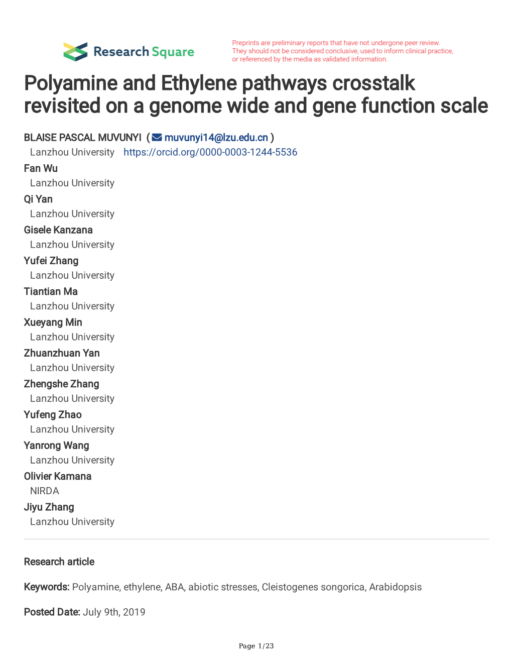 Polyamine and Ethylene Pathways Crosstalk Revisited on a Genome Wide ...