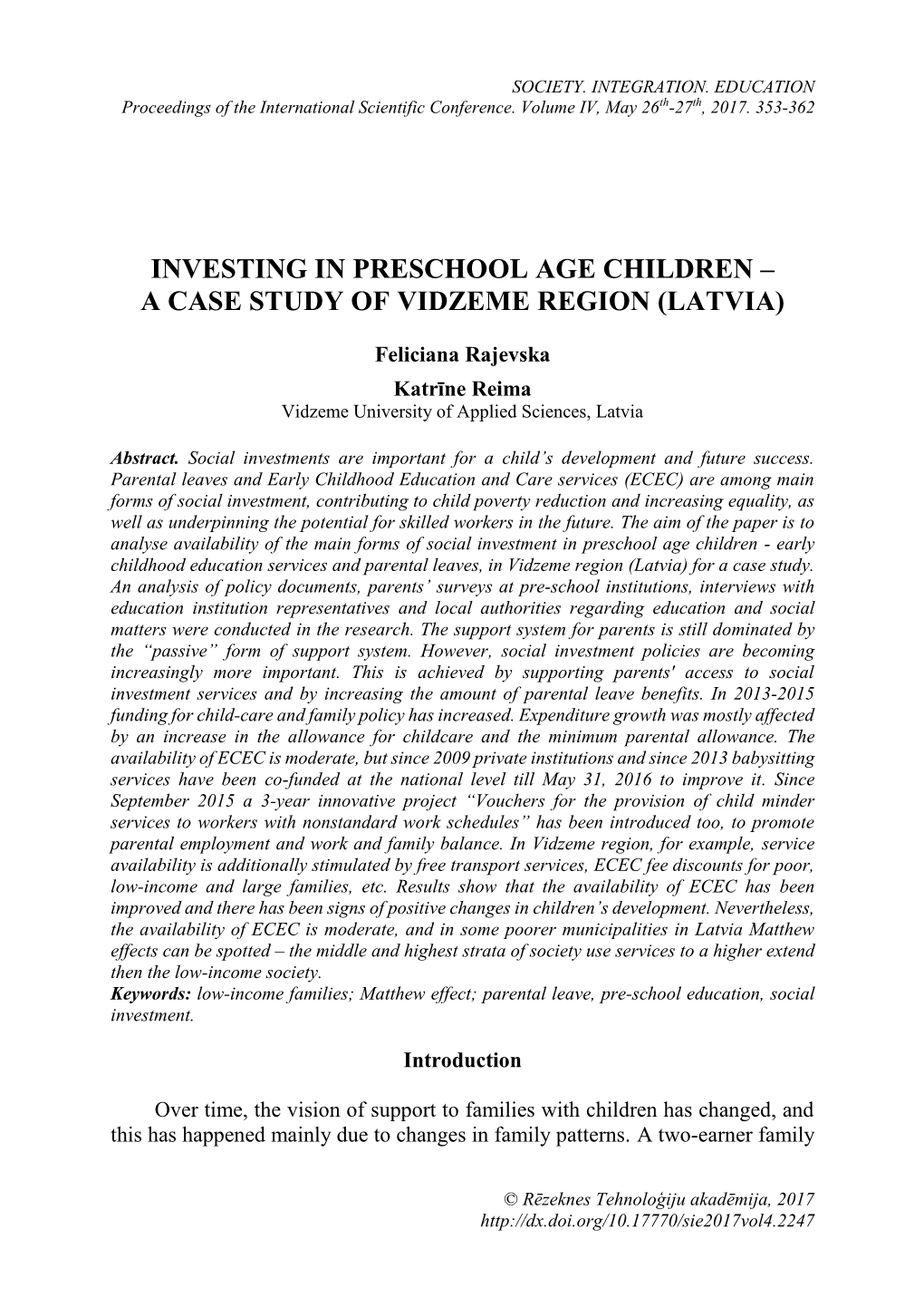 Investing in Preschool Age Children – a Case Study of Vidzeme Region (Latvia)