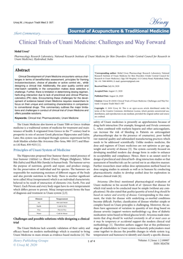 Clinical Trials of Unani Medicine: Challenges and Way Forward