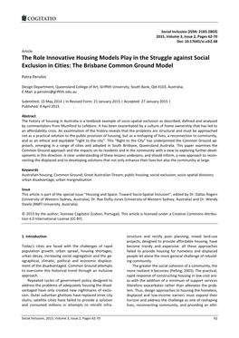 The Role Innovative Housing Models Play in the Struggle Against Social Exclusion in Cities: the Brisbane Common Ground Model