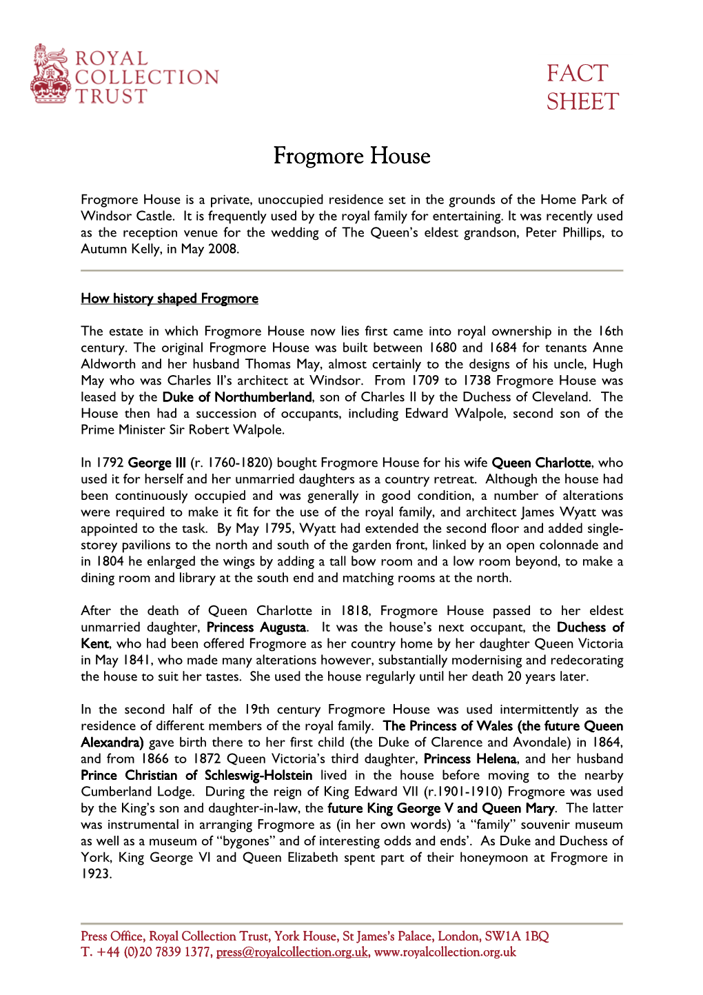 FACT SHEET Frogmore House Frogmore House