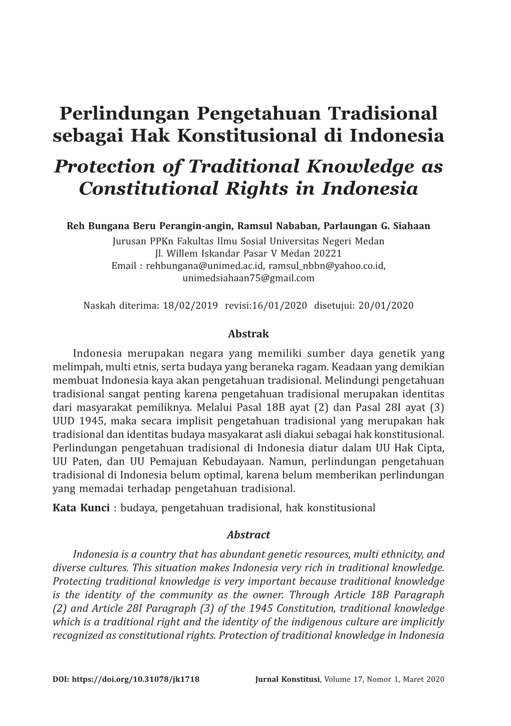 Perlindungan Pengetahuan Tradisional Sebagai Hak Konstitusional Di Indonesia Protection of Traditional Knowledge As Constitutional Rights in Indonesia