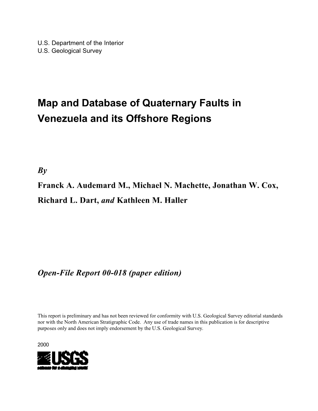 Map and Database of Quaternary Faults in Venezuela and Its Offshore Regions