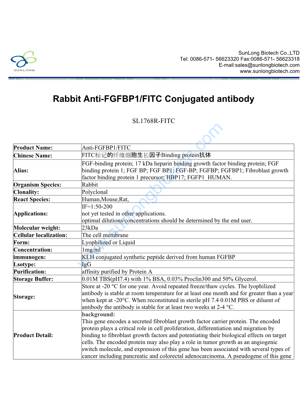 Rabbit Anti-FGFBP1/FITC Conjugated Antibody