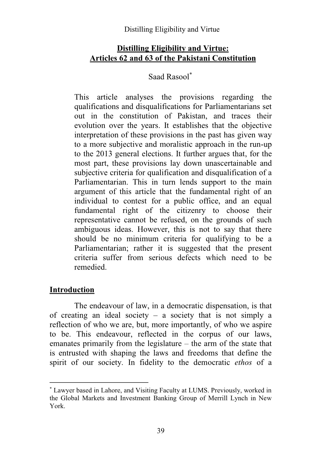 Distilling Eligibility and Virtue: Articles 62 and 63 of the Pakistani Constitution