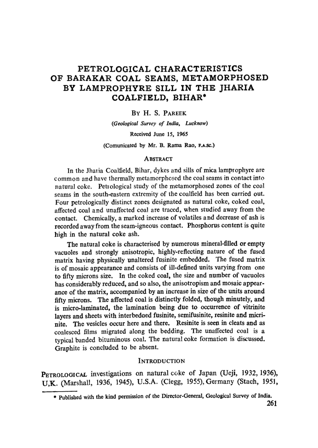 Petrological Characteristics of Barakar Coal Seams, Metamorphosed by Lamprophyre Sill in the Jharia Coalfield, Bihar*