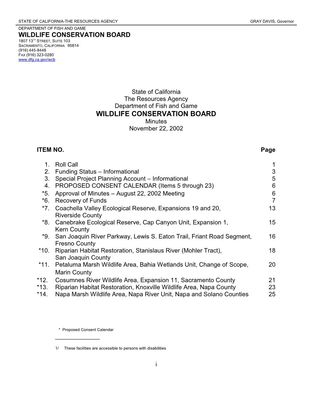 Wildlife Conservation Board 1807 13Th Street, Suite 103 Sacramento, California 95814 (916) 445-8448 Fax (916) 323-0280