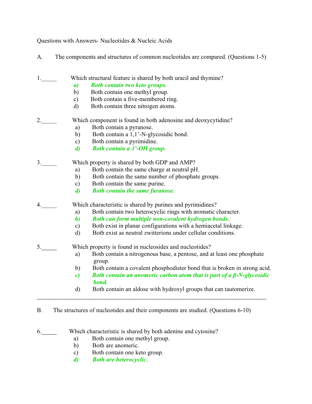 Questions with Answers- Nucleotides & Nucleic Acids A. the Components