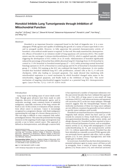 Honokiol Inhibits Lung Tumorigenesis Through Inhibition of Mitochondrial Function