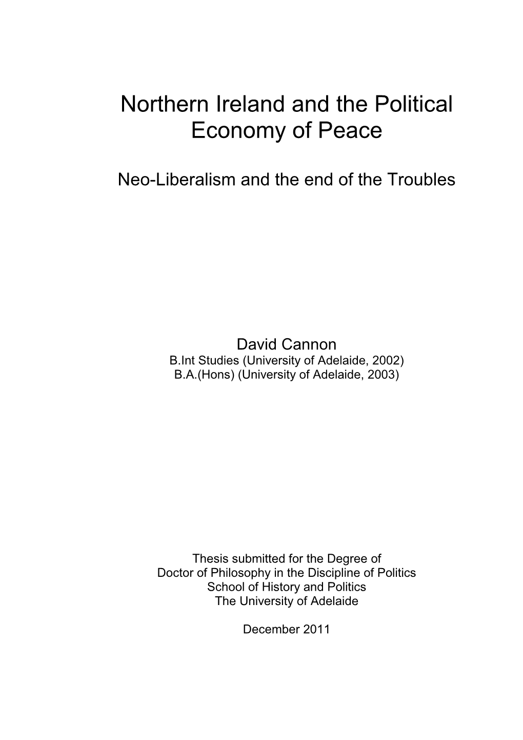Northern Ireland and the Political Economy of Peace