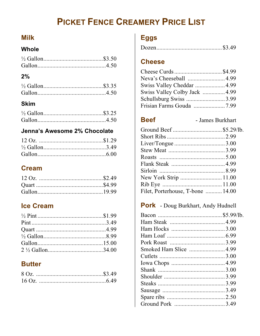 Picket Fence Creamery Price List