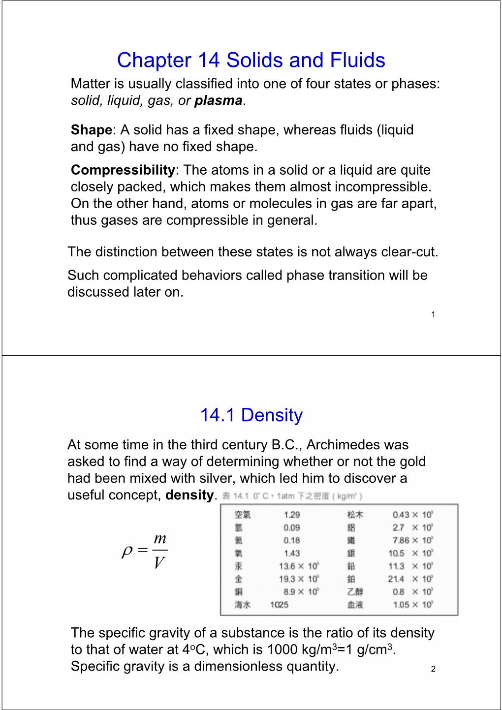 Chapter 14 Solids and Fluids Matter Is Usually Classified Into One of Four States Or Phases: Solid, Liquid, Gas, Or Plasma