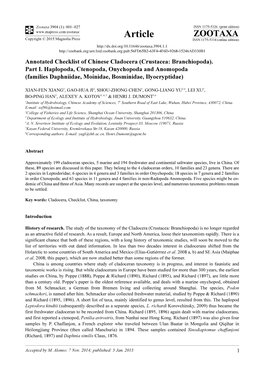 Annotated Checklist of Chinese Cladocera (Crustacea: Branchiopoda)