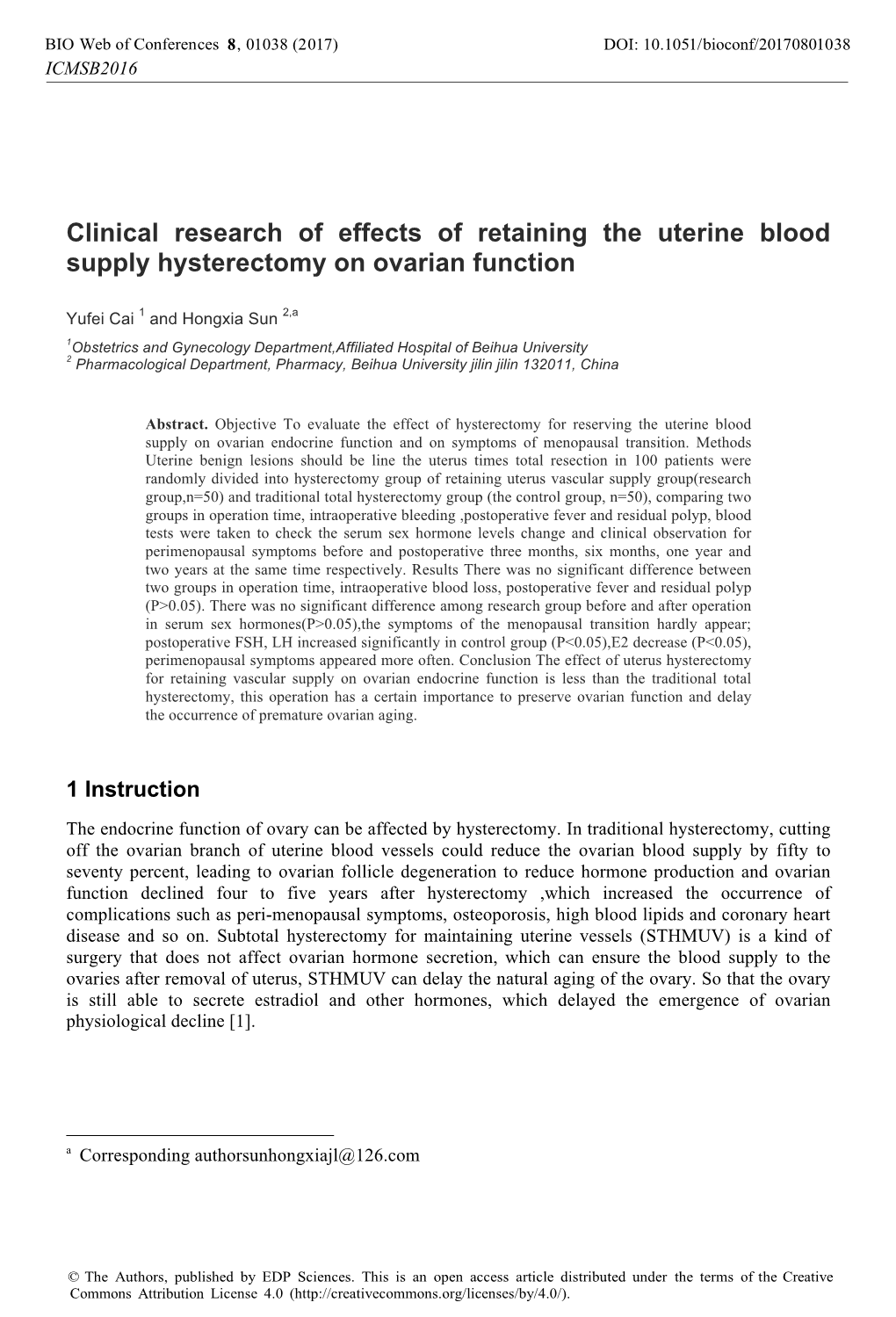 Clinical Research of Effects of Retaining the Uterine Blood Supply Hysterectomy on Ovarian Function