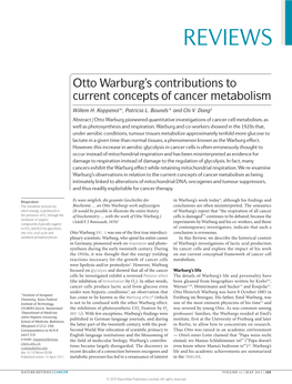 Otto Warburg's Contributions to Current Concepts of Cancer Metabolism
