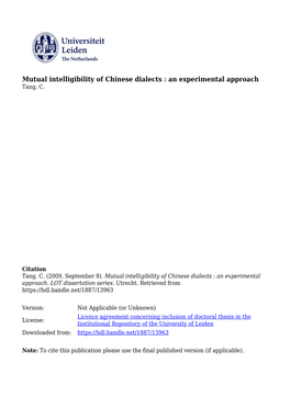 Chapter Four Mutual Intelligibility of Chinese Dialects