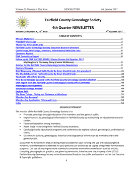 Fairfield County Genealogy Society 4Th Quarter NEWSLETTER Volume 28 Number 4, 33Rd Year 4Th Quarter 2017