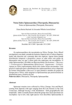 Notas Sobre Spinosauridae (Theropoda, Dinosauria) Notes on Spinosauridae (Theropoda, Dinosauria)