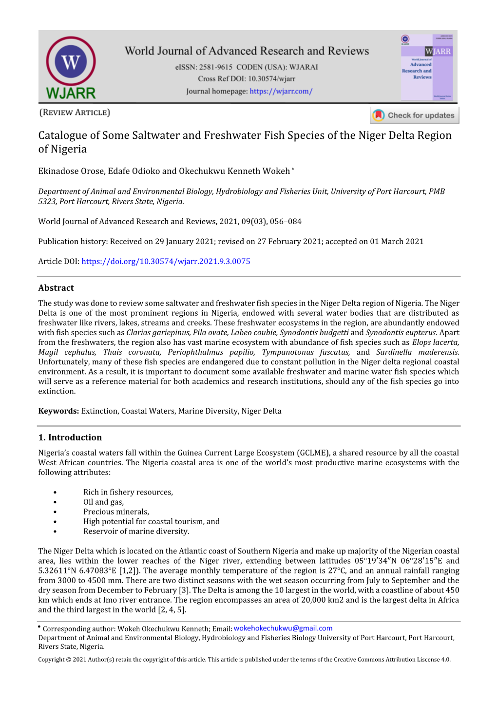 Catalogue of Some Saltwater and Freshwater Fish Species of the Niger Delta Region of Nigeria